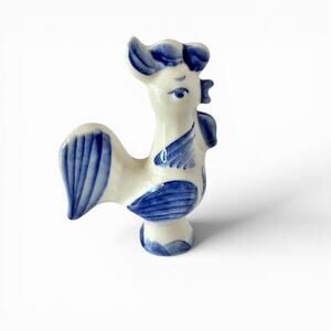 Vintage 80s Gzhel Rooster Figurine USSR Porcelain Handmade Blue White 4.5”